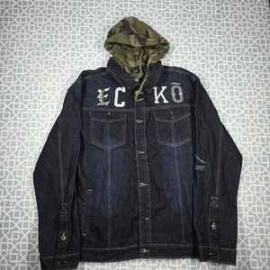 Vintage VTG Y2K Ecko Unltd. Navy Blue Denim Jacket with Camo Hood Men XXL/2XL